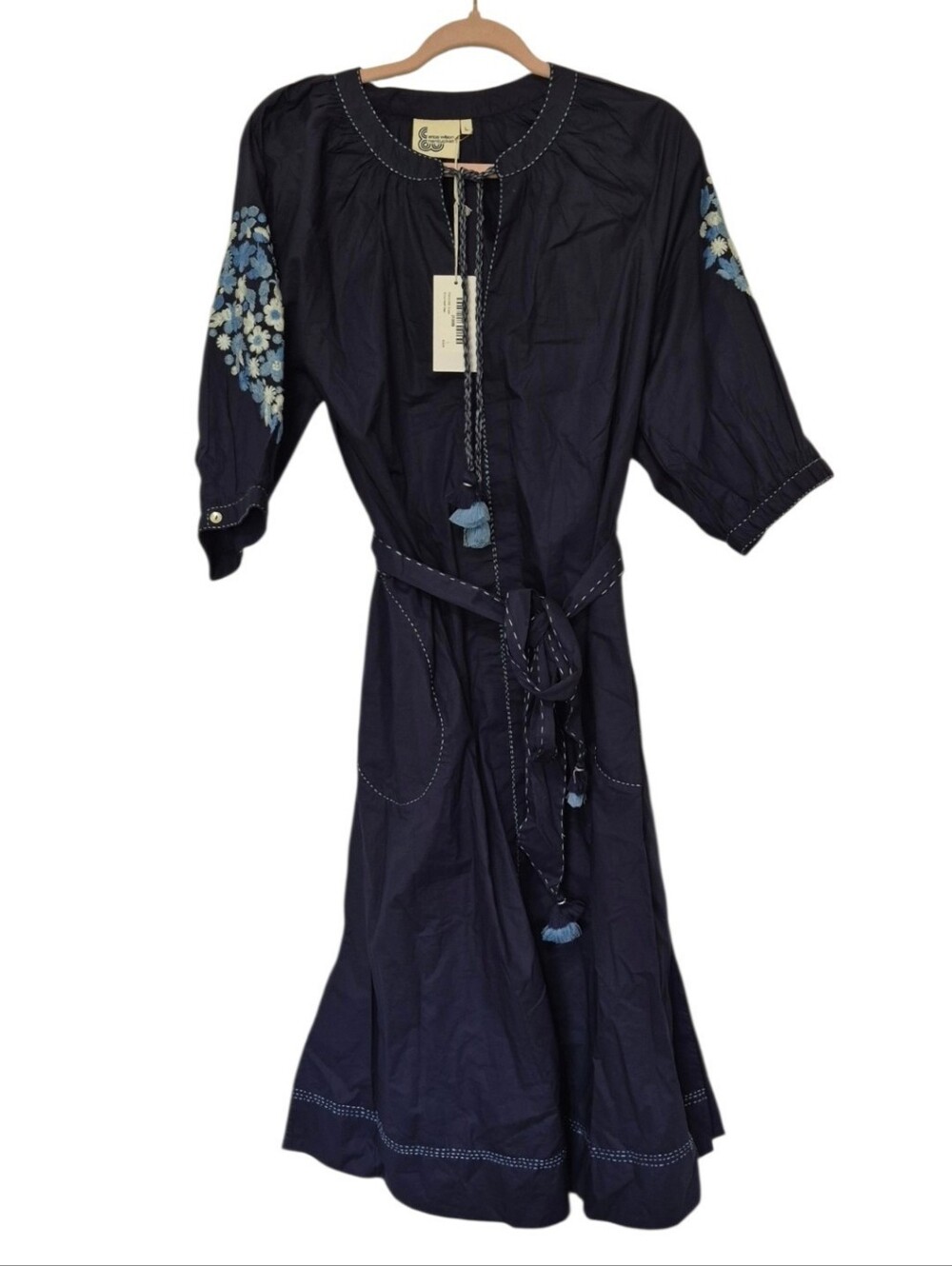 Erica Wilson Nantucket Petra Navy Embroidered Floral Midi Dress Size L NWT